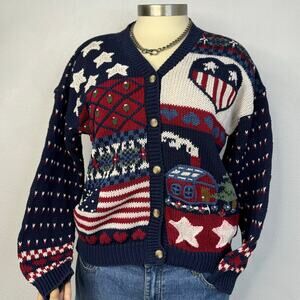 Vintage Americana Hand Embroidered Patchwork Cardigan Sweater Chunky Knit SZ XL